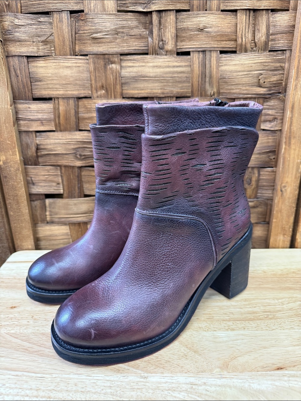 Women's Burgundy Leather Ankle Booties with Block Heel